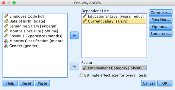 Screenshot of the completed One-Way ANOVA dialog in which categorical independent variables are placed in the Factor box.