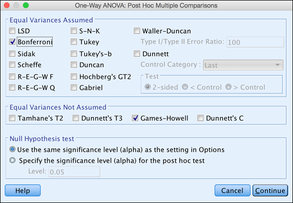 Screenshot of the completed Post Hoc Multiple Comparisons dialog to select the appropriate method of multiple comparisons such as Bonferroni and Games-Howell.