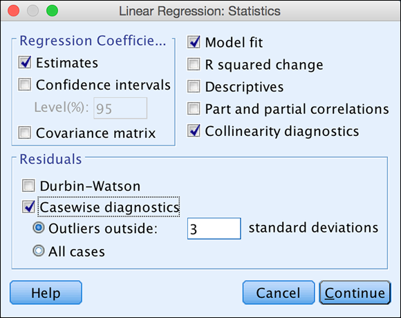 Screenshot of the completed Linear Regression: Statistics dialog to select Casewise Diagnostics and then select Collinearity Diagnostics.
