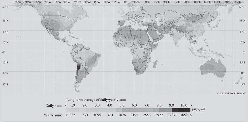 Map depicts the direct normal irradiation and global horizontal irradiation maps.