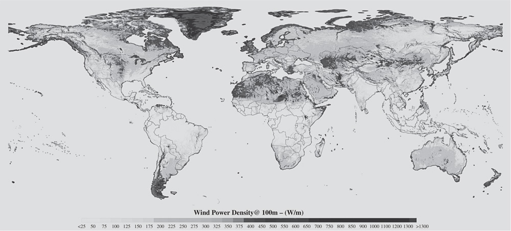 Graph depicts the estimated wind power density at 100-m above the ground.