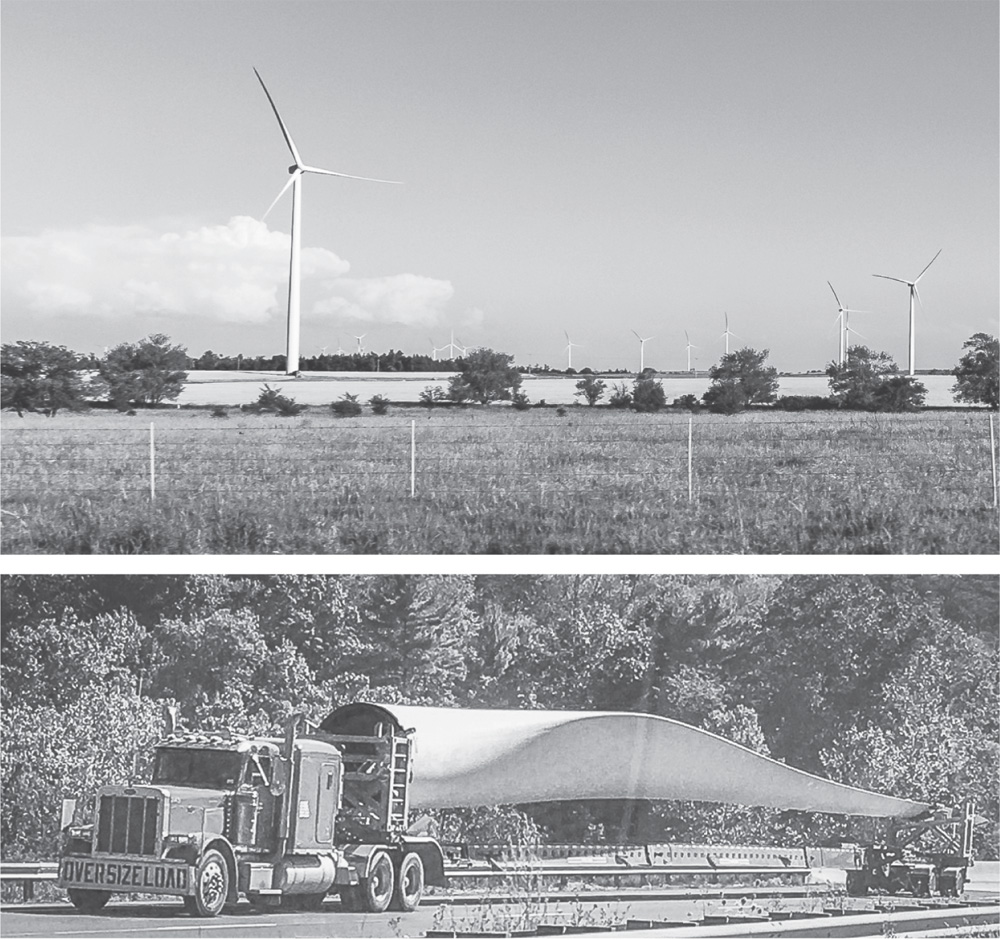 Photos depict (Top) Wind farm in the midwest, US. (Bottom) Transportation of a wind turbine blade.