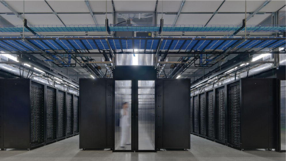 Photo depicts Facebook data center suite.