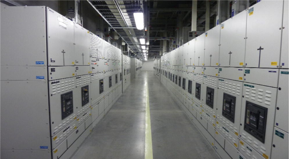 Photo depicts an electrical room at Facebook data center.