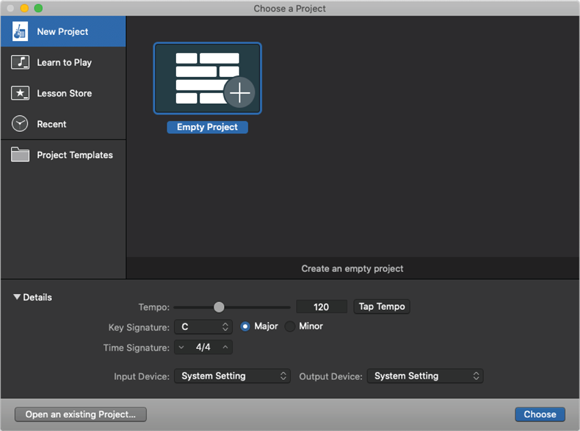 Screenshot of the Choose a Project dialog box displaying an empty project when launching GarageBand on your Mac.