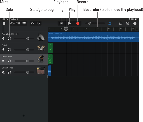 Screenshot of GarageBand's  transport controls on IDevices, that work like the controls on a CD player.