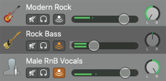 Screenshot depicting three types of Mac tracks: Track pan set to hard left (top), dead center (middle), and hard right (bottom).