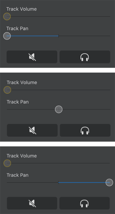 Screenshot depicting three types of iOS track volumes: Track pan set to hard left (top), dead center (middle), and hard right (bottom).