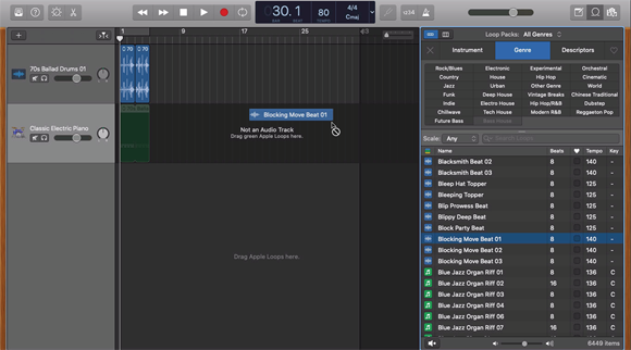 Screenshot of the GarageBand gently scolding in words that the user cannot drag an audio loop onto a software instrument.