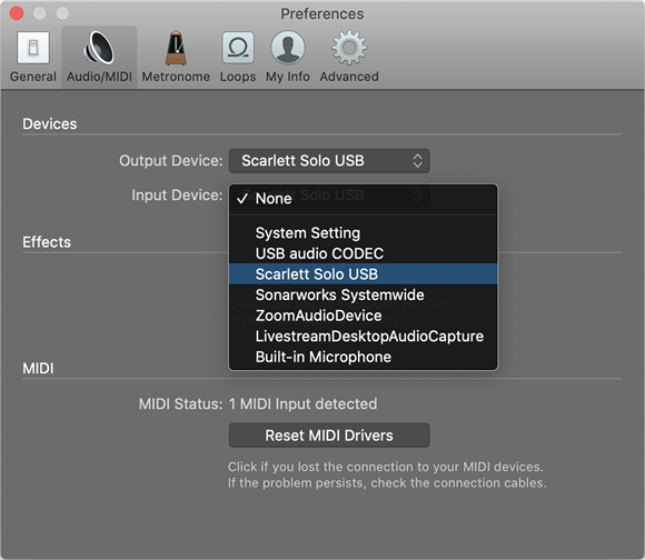 Screenshot of the Preferences page to choose the input your guitar is plugged into (Scarlett Solo USB here).