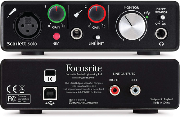 Images of a Scarlett Solo USB (front and back), an audio interface and preamp, which makes instruments and microphones louder without adding unwanted noise.