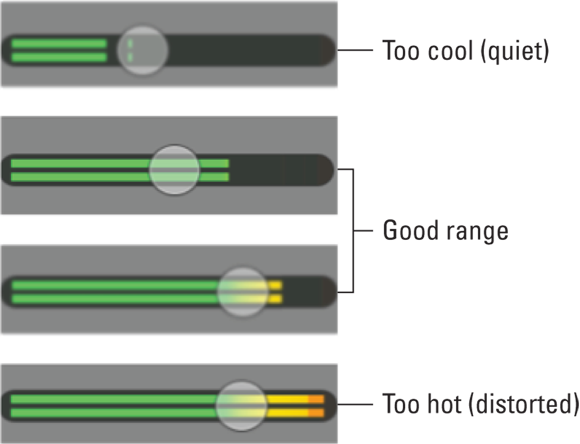 Images of the 4 adjusting levels done before a recording. The top picture is too cool, the two middle pictures are in the just-right range and the bottom picture is too hot.