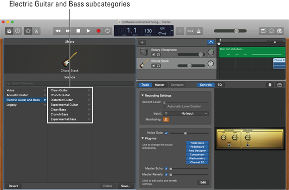 Screenshot displaying the library of sounds, to change the amp simulation effect by choosing a preset from one of the seven Electric Guitar and Bass subcategories.