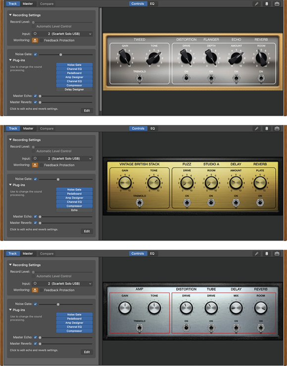 Screenshot of smart controls and plug-ins for the Burnin’ Tweed (top), Clean Studio Stack (middle), and Indie Scorcher (bottom) guitar presets.