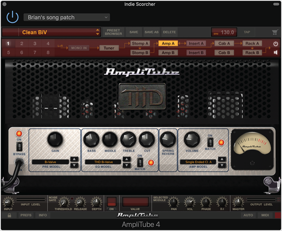 Screenshot of the AmpliTube plug-in displaying its assortment of amps, speakers, preamps, stomp box effects, and myriad presets.