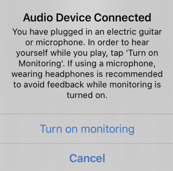 Screenshot of an alert message asking you to turn on monitoring in an electric guitar to avoid feedback and hear yourself play.