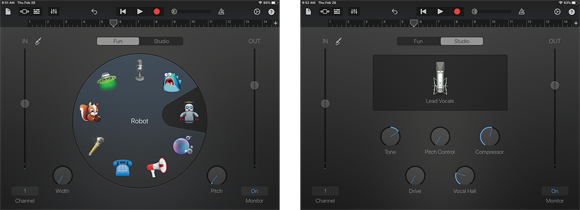 Screenshot of the audio recorder’s Fun tab (left) and Studio tab (right) to explore the 10 icons that represent its presets.