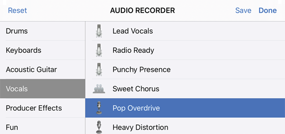 Screenshot of the Audio Recorder to choose the appropriate category and preset for a musical track.