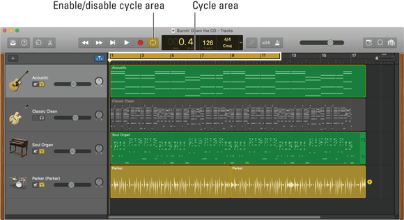 Screenshot displaying the cycle area, enabled just below the tempo ruler at the top of the timeline, covering the first two-thirds of a song.