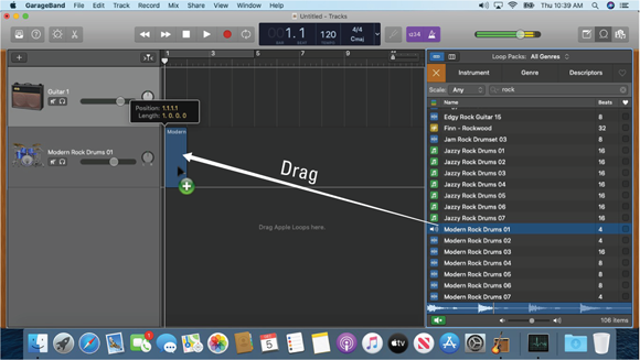 Screenshot depicting how a kind of track is created automatically when you drag and drop a loop from the loop browser to the workspace.