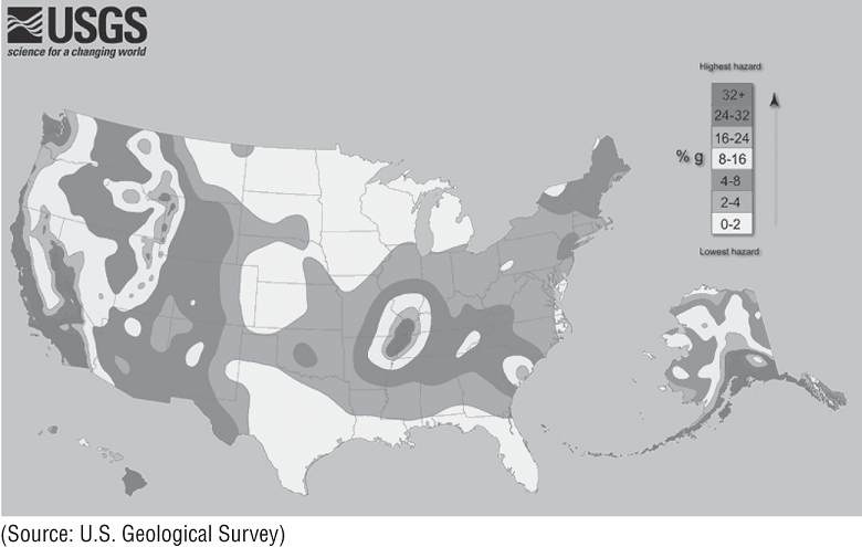 Photo depicts earthquake hazard map of the United States.