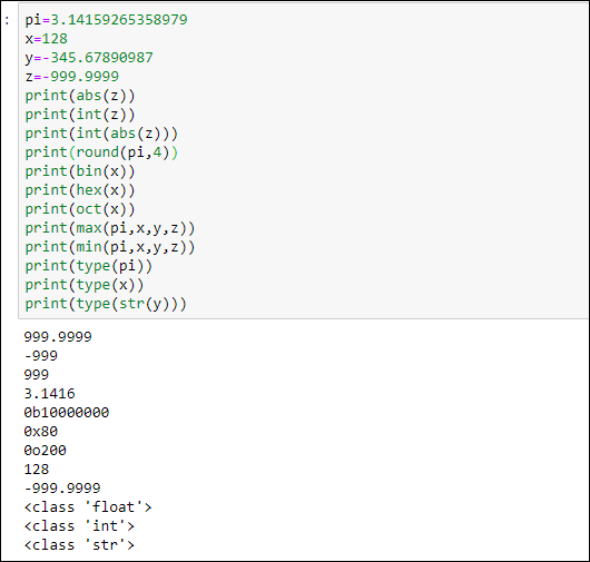 Snapshot of playing around with built-in math functions at the Python prompt.