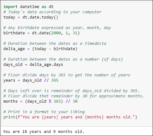 Snapshot of calculating age in years and months from a timedelta object.