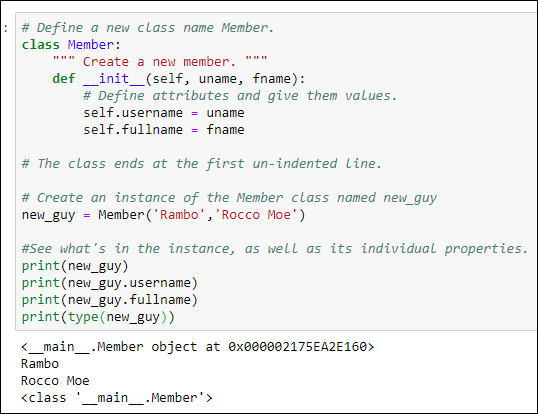 Snapshot of creating a member from the Member class in a Jupyter cell.