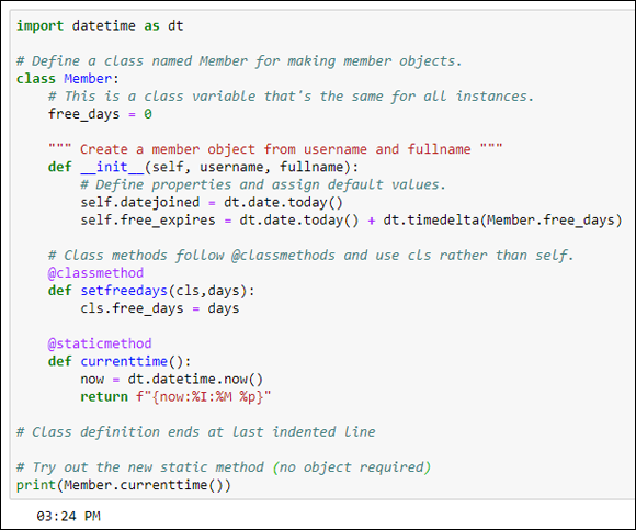 Snapshot of the Member class now has a static method named currenttime().