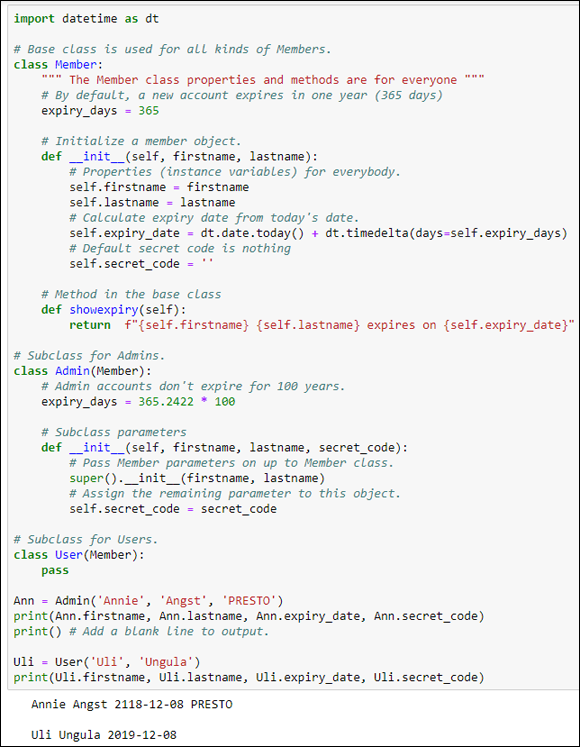 Snapshot of the complete Admin and User subclasses.