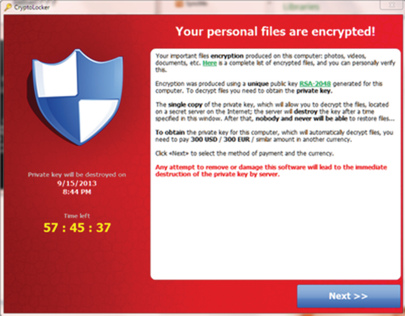 Snapshot of the CryptoLocker window showing that the personal files are encrypted.