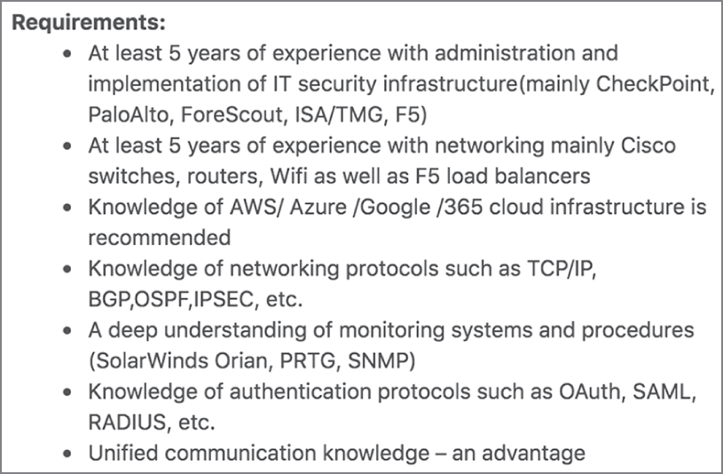 Snapshot of job requirements for a network security engineer.
