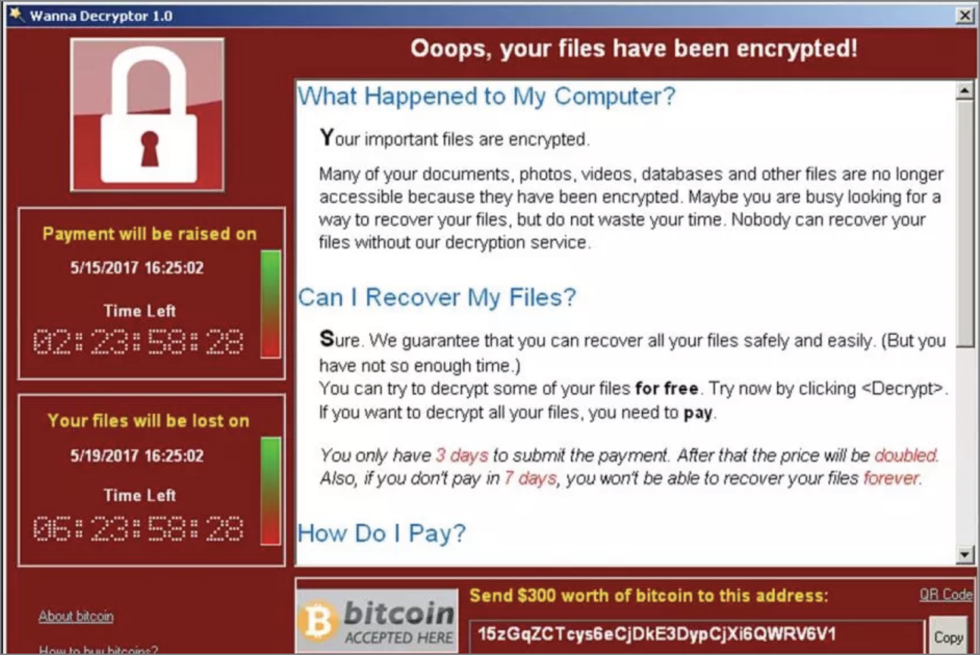 Snapshot of WannaCry ransom deman.