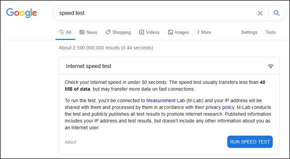 Snapshot of Searching Google for speed test and then click the Run Speed Test button.