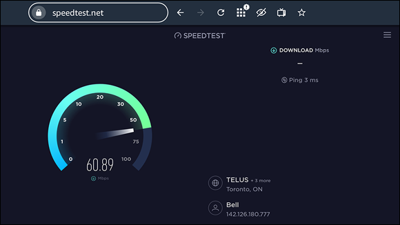 Snapshot of using the Amazon Silk browser to access Internet speed tests.
