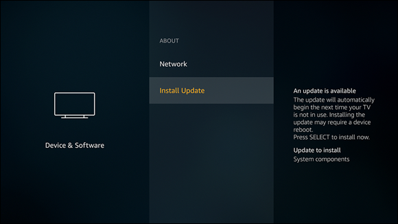 Snapshot of the Install Update command appears when Fire TV has downloaded an update to Fire OS.