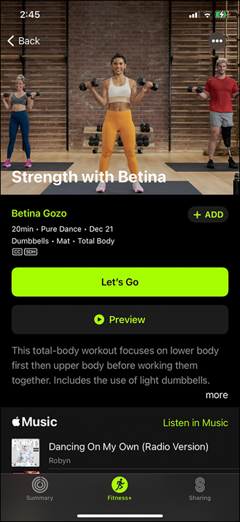 Snapshot of tapping Let’s Go to launch your workout.