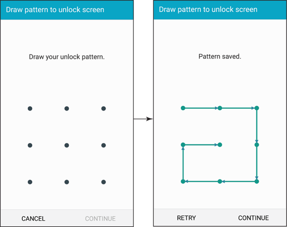 Snapshots of the unlock patterns: The blank screen and a sample pattern.
