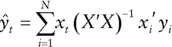 ModifyingAbove y With Ì‚ Subscript t Baseline equals sigma-summation Underscript i equals 1 Overscript upper N Endscripts x Subscript t Baseline left-parenthesis upper X prime upper X right-parenthesis Superscript negative 1 x Subscript i Baseline prime normal y Subscript i