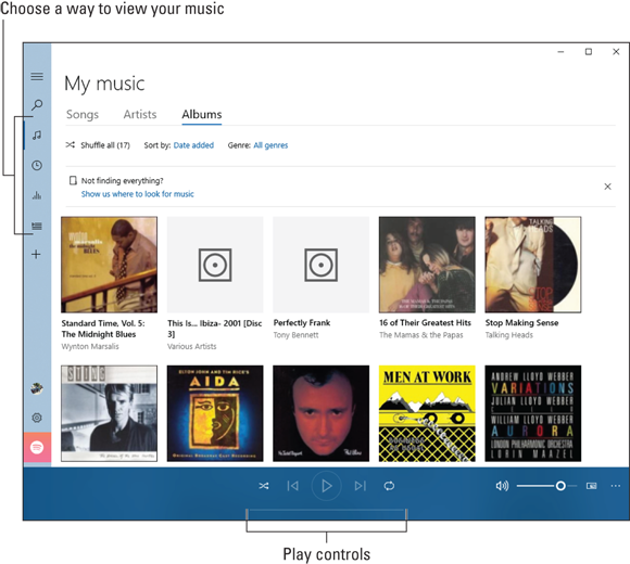 Snapshot of the Groove Music app.