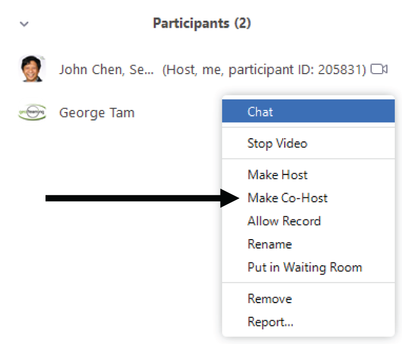 Snapshot of clicking participants, more, and make co-host.