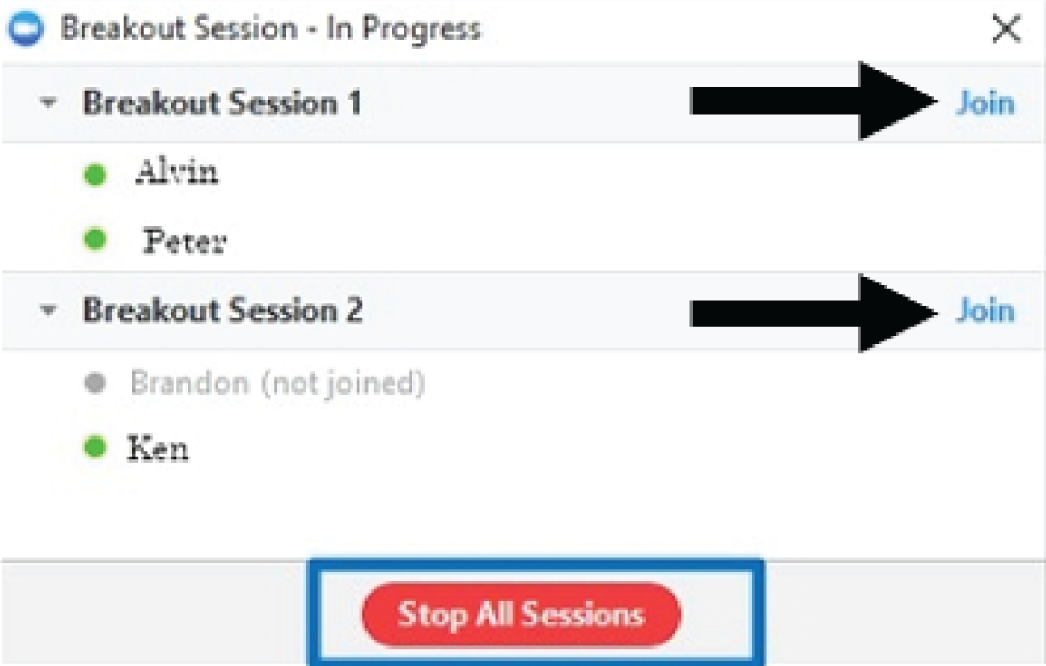 Snapshot of clicking stop all sessions button from the breakout session window.