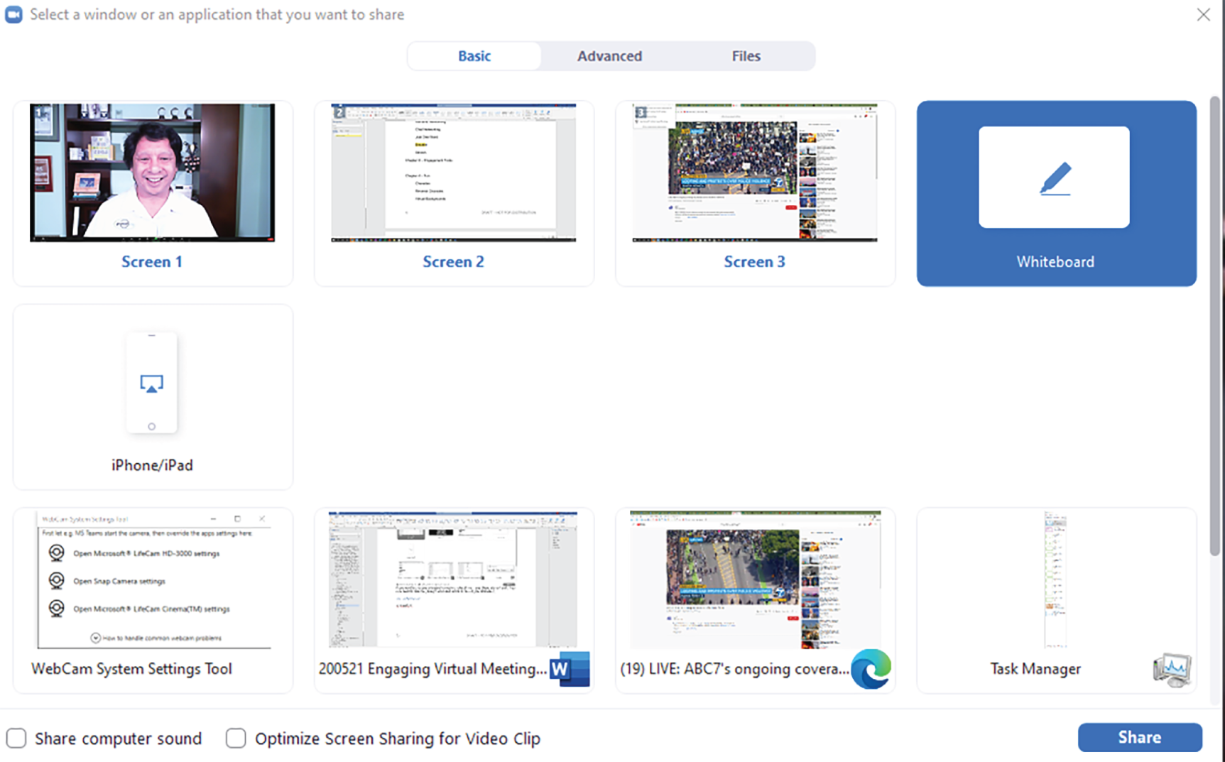 Snapshot of clicking whiteboard option and then clicking share.