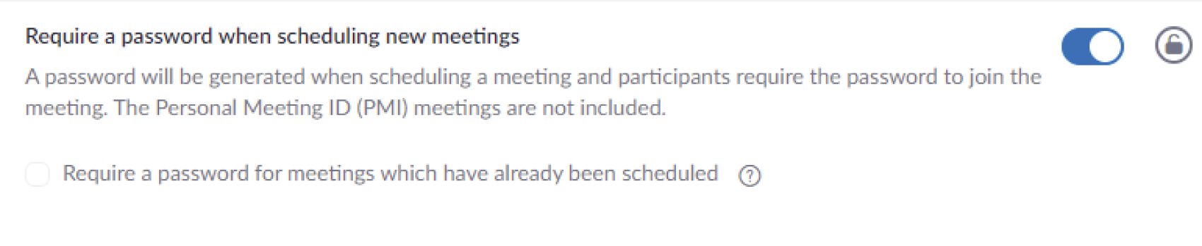 Snapshot of turning on the require password when scheduling new meetings.