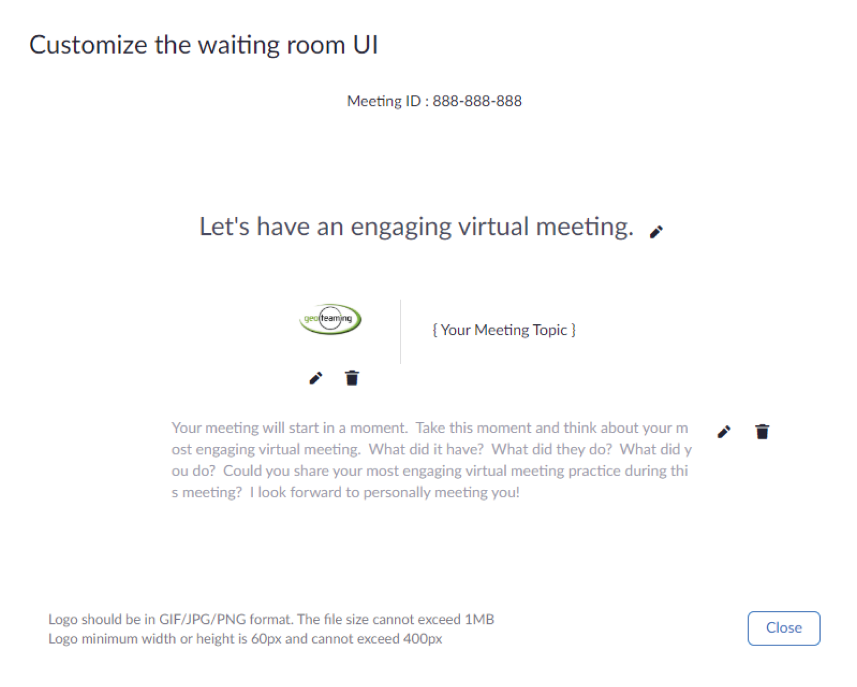 Snapshot of customizing the user interface of the waiting room.