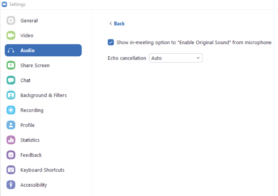 Snapshot of checking show in-meeting option to enable original sound from microphone.