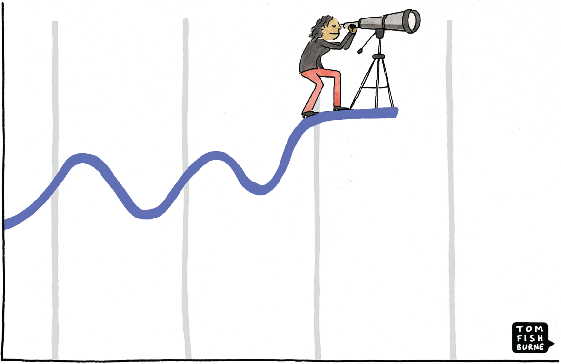 Cartoon illustration of a person holding a telescope on the curve of a graph.