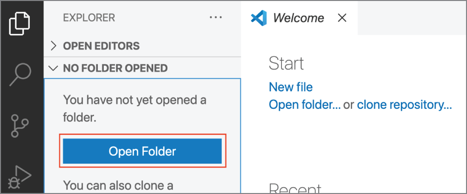 Snapshot of the Open Folder button is available on the Explorer view when no folder is opened.