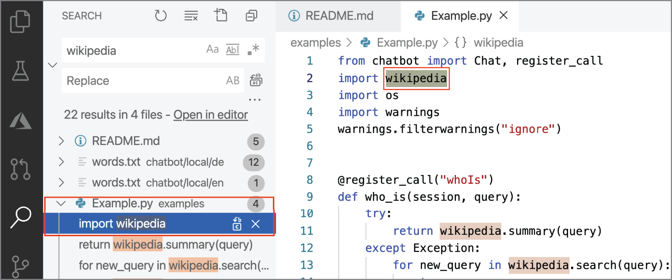 Snapshot of selecting the first occurrence of wikipedia in the Example.py file opens the file in the editor and highlights the term in the file.
