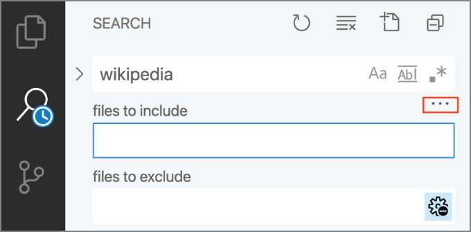 Snapshot of the Toggle Search Details icon opens the Files To Include and Files To Exclude fields.